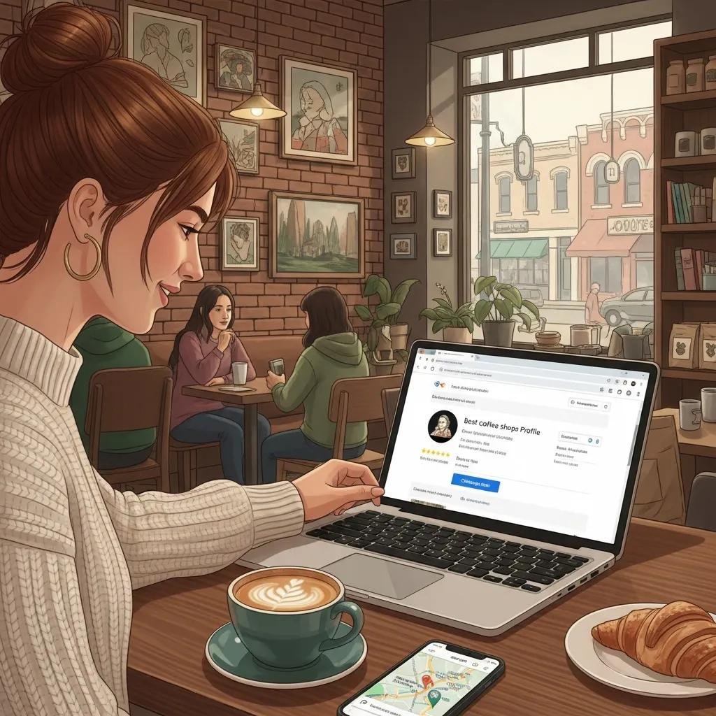 Business owner optimizing Google Business Profile in a Charlotte coffee shop