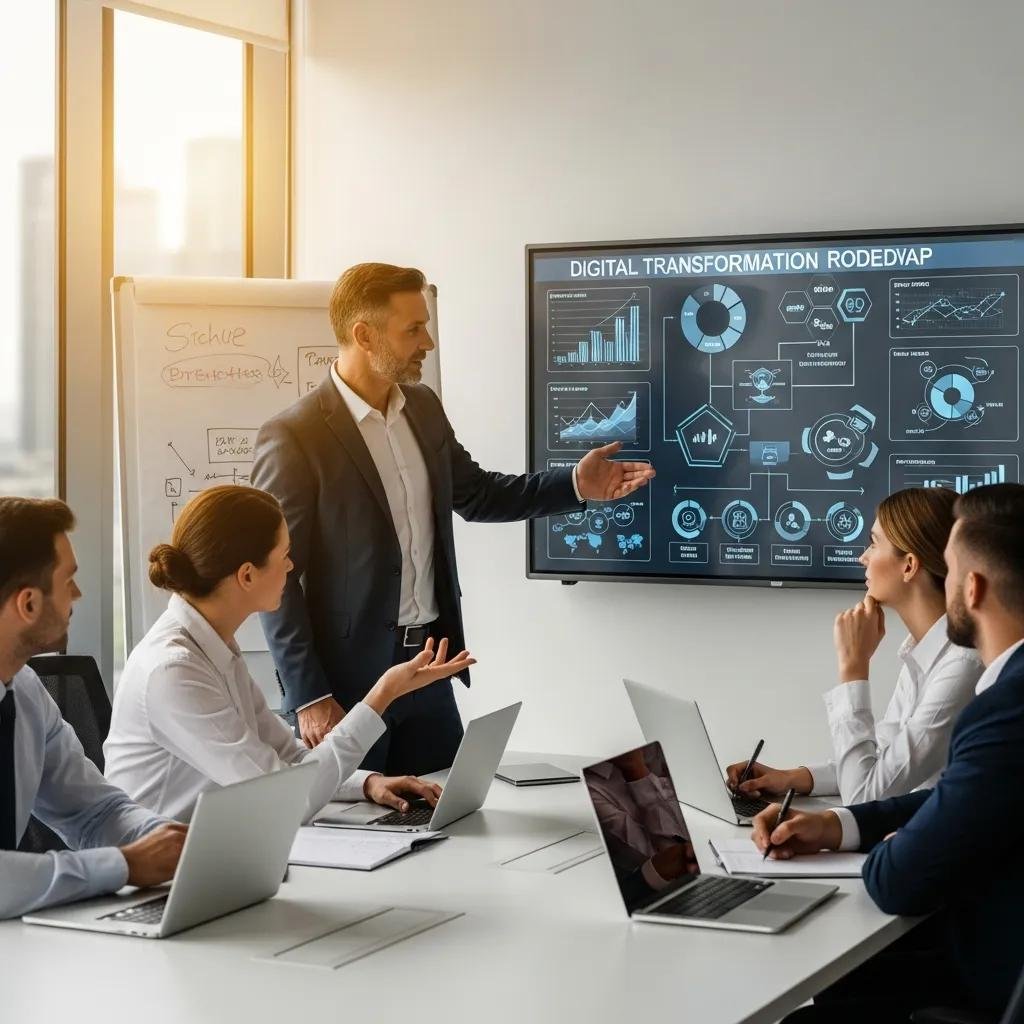 Consultant presenting digital transformation strategy to business executives