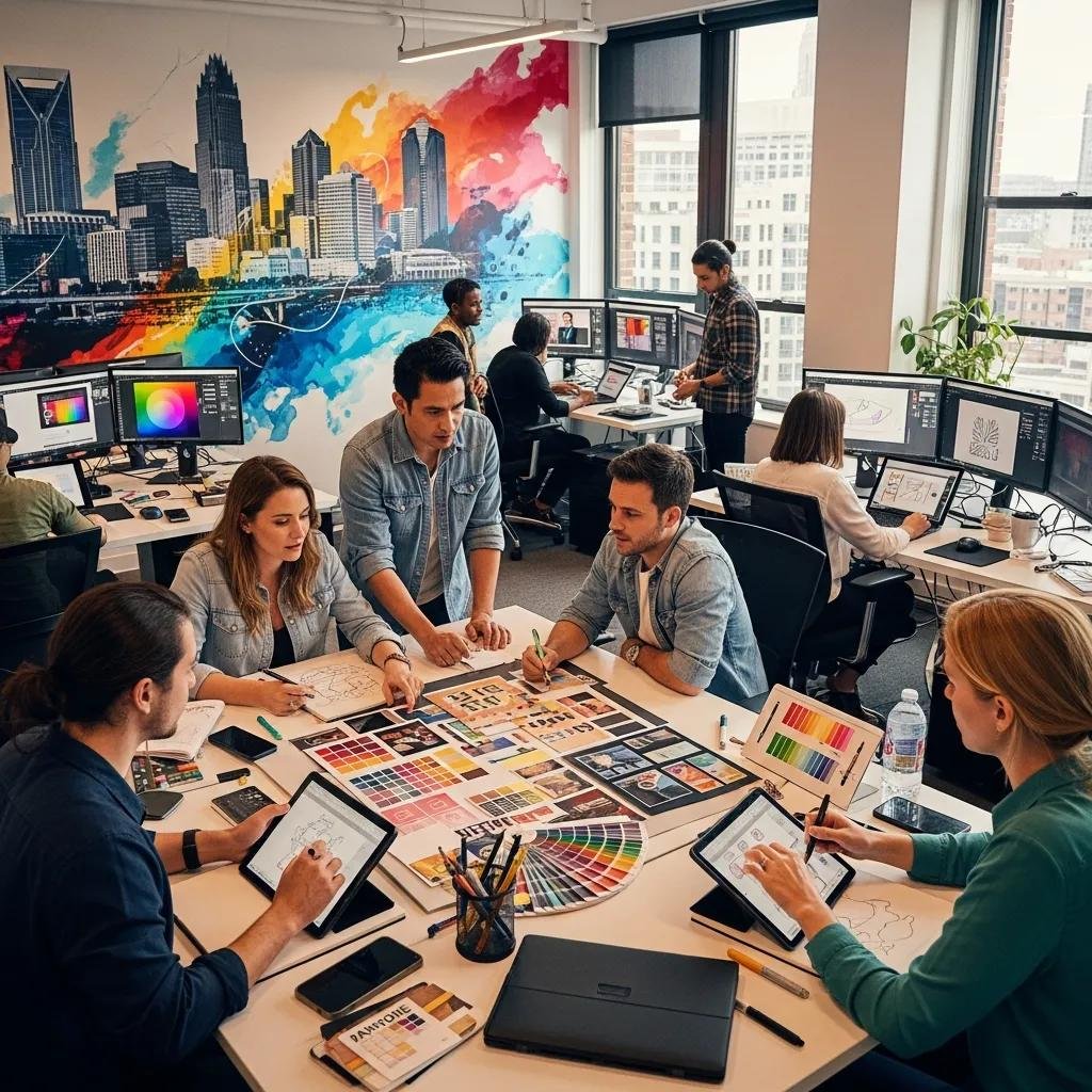 Creative professionals collaborating in a graphic design studio in Charlotte