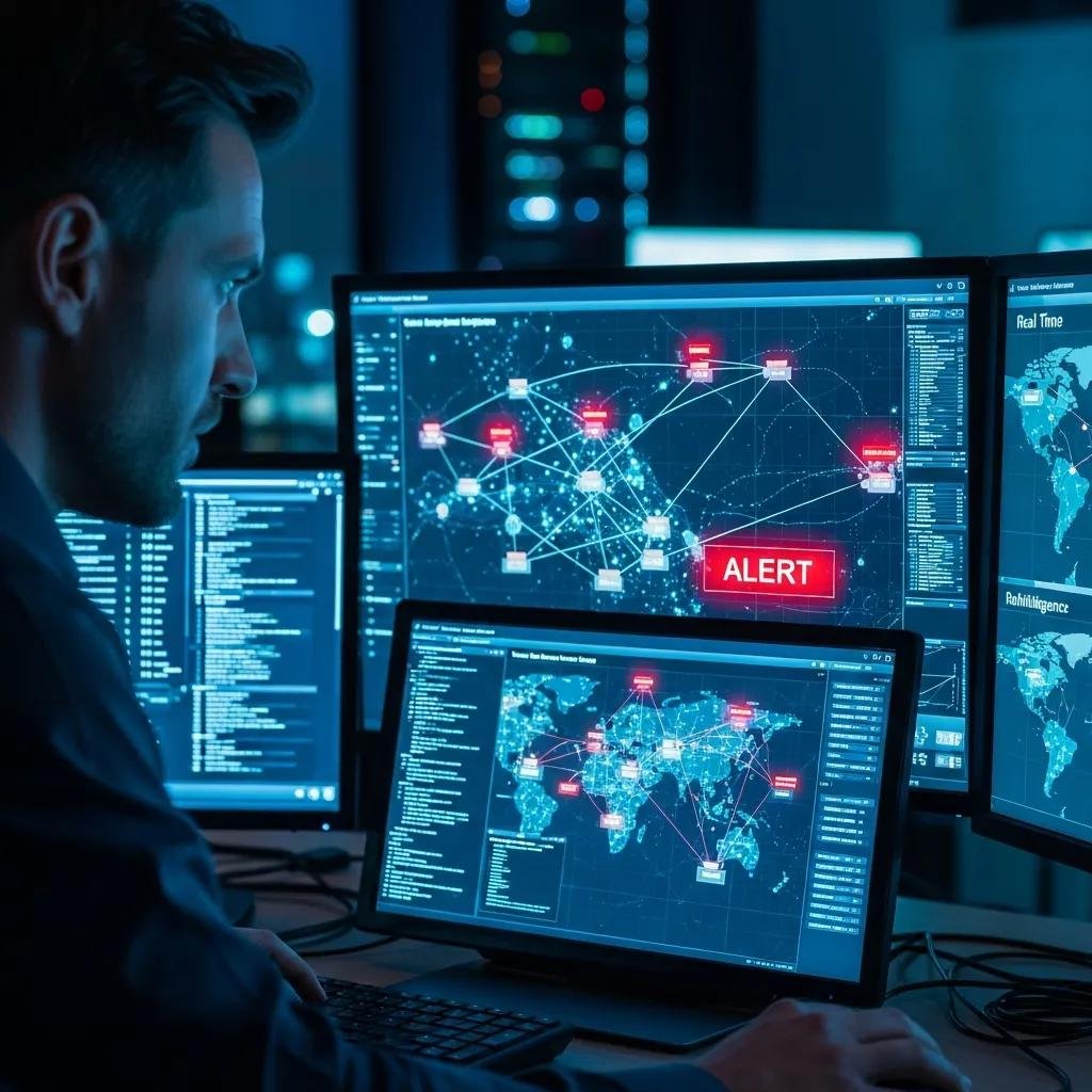 Cybersecurity expert analyzing data in a high-tech security operations center