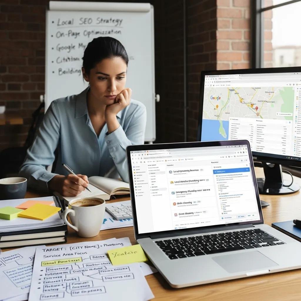 Digital marketing expert conducting keyword research with tools and notes in a modern workspace, emphasizing strategy
