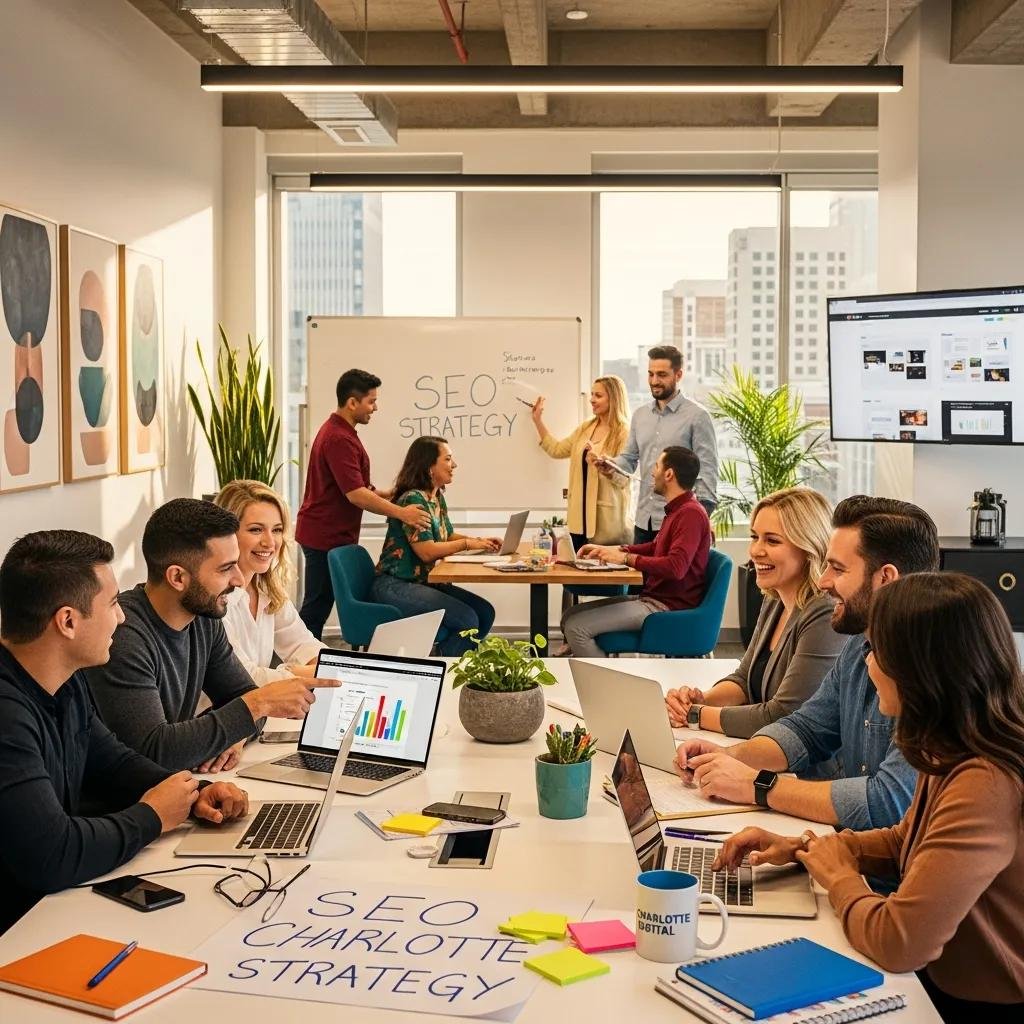 Digital marketing team collaborating in a modern office in Charlotte, NC