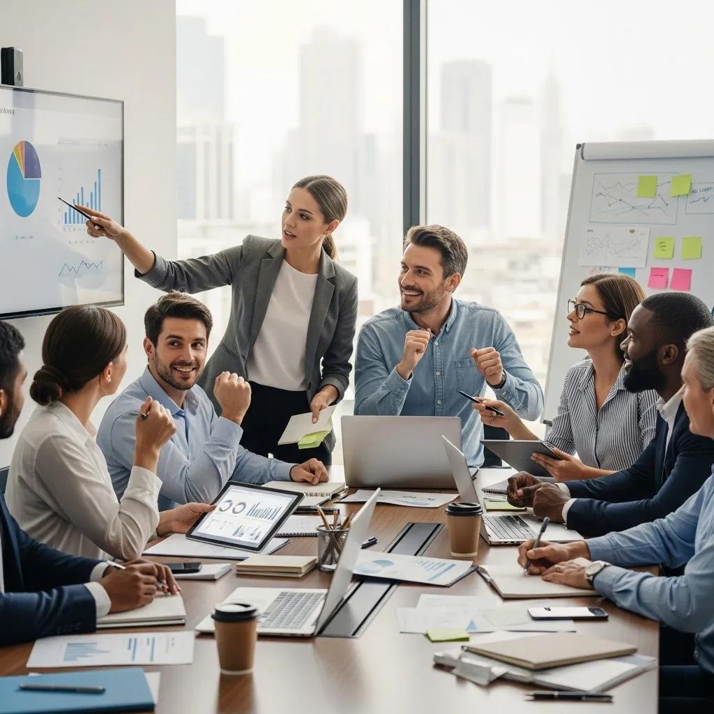 Diverse business professionals collaborating in a modern office, emphasizing client success and SEO strategies