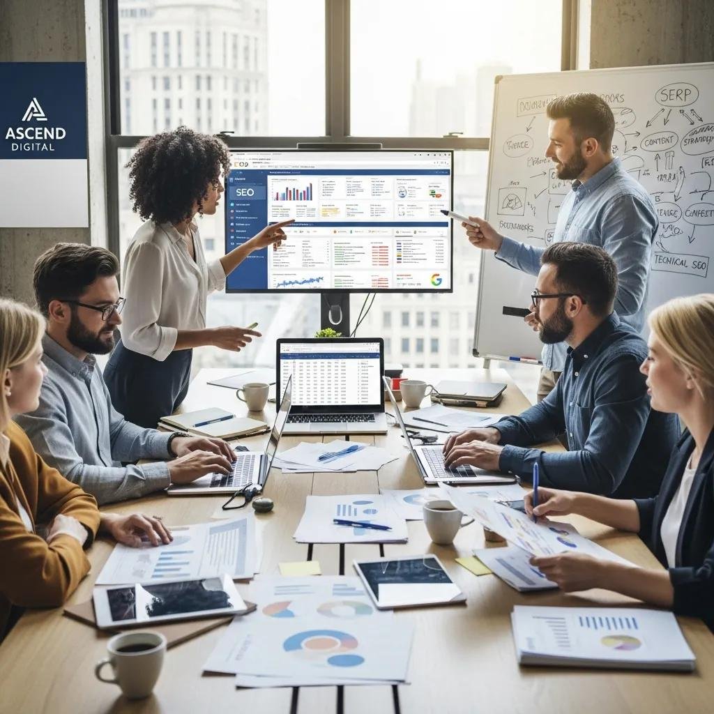 Diverse professionals collaborating on SEO strategies in a modern office