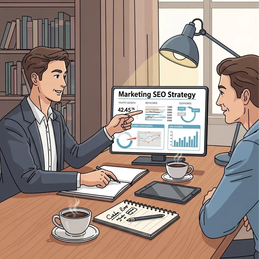 Marketing consultant presenting a custom SEO strategy to a small business owner