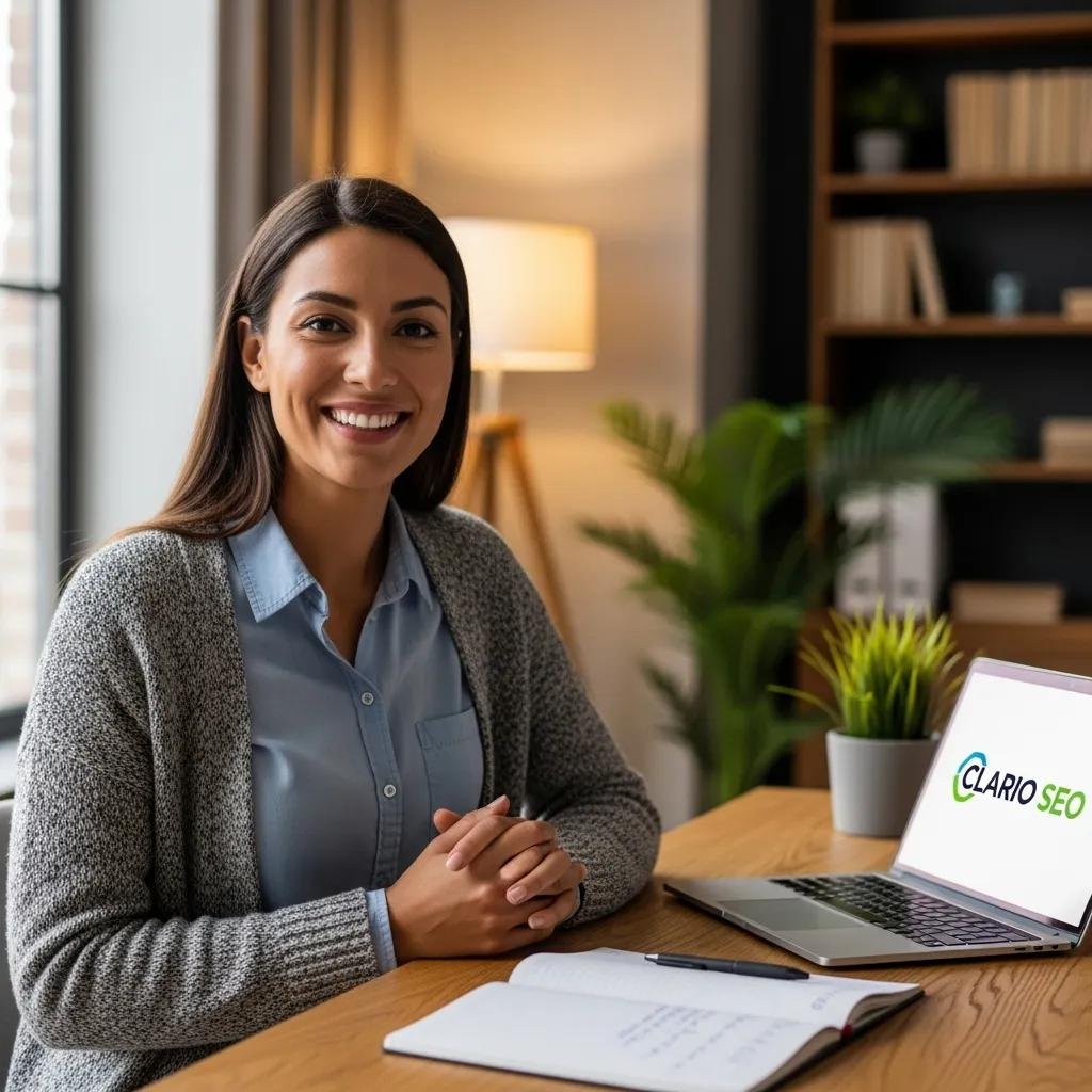 Satisfied client sharing a testimonial in a cozy office, reinforcing trust in Clario SEO