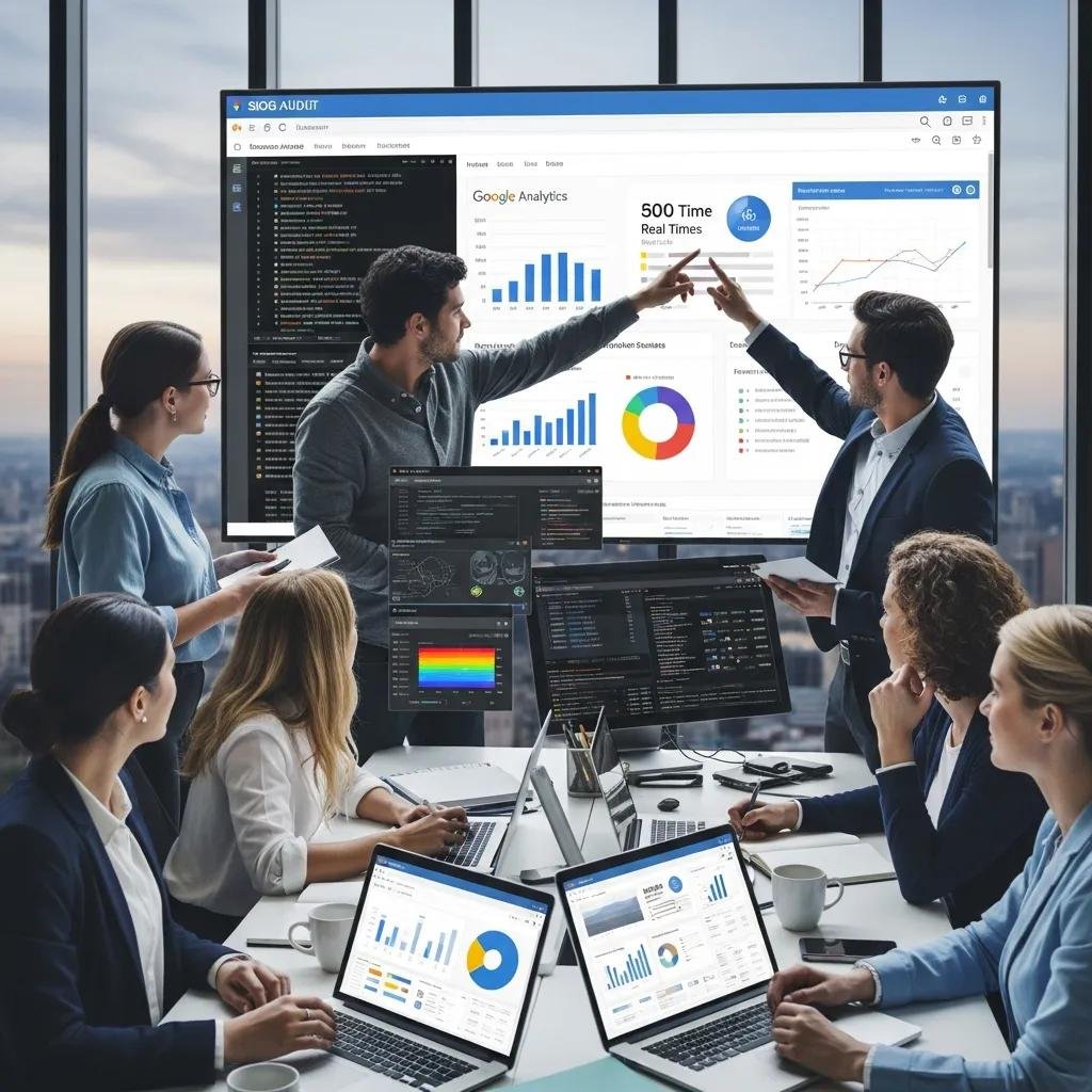 SEO professionals analyzing website performance data in a collaborative environment, highlighting the audit process