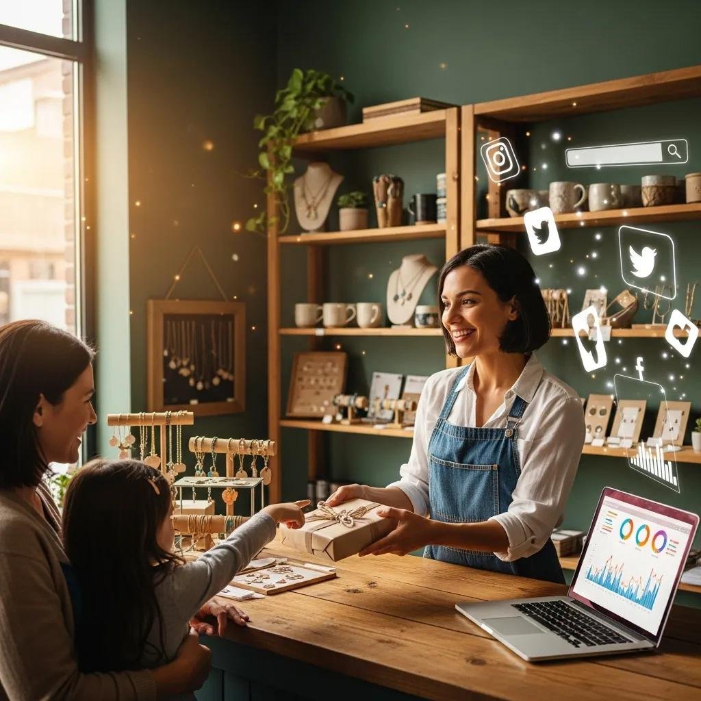 Small business owner engaging with customers in a local setting, highlighting digital marketing strategies