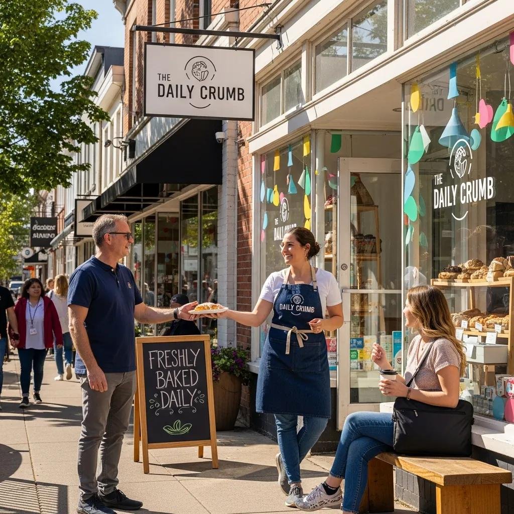 Small business owner engaging with customers in a vibrant local setting, highlighting community and visibility