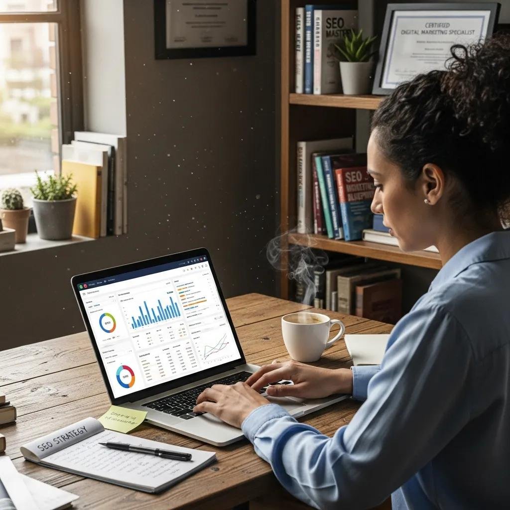 Small business owner optimizing online presence with SEO strategies