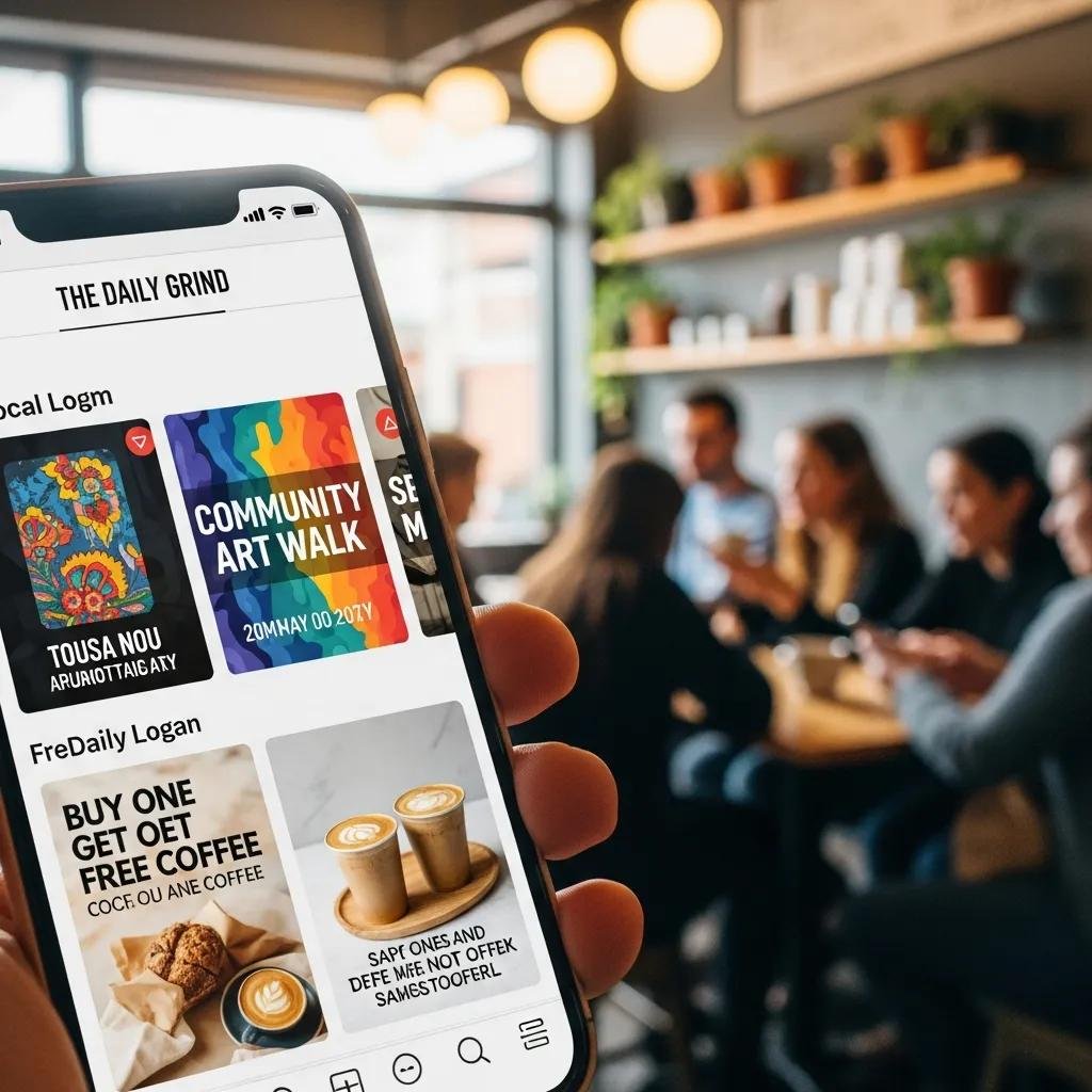 Smartphone displaying a small business's social media page with local event promotions