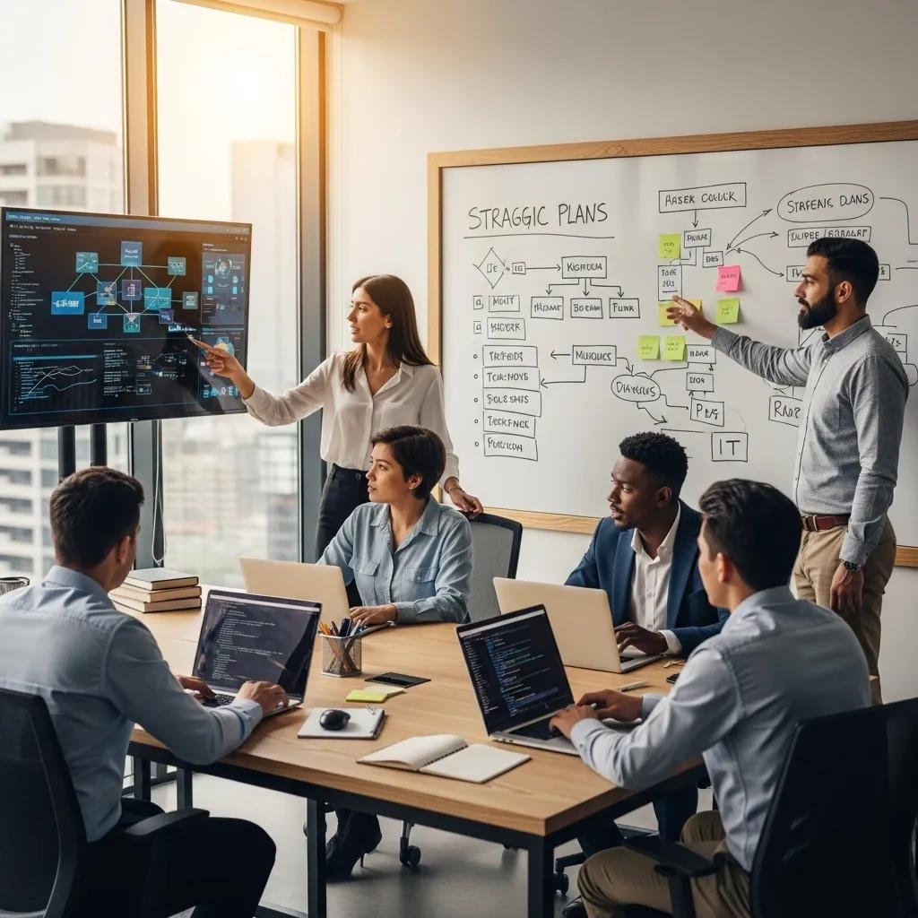 Team of professionals collaborating on IT solutions in a modern office setting