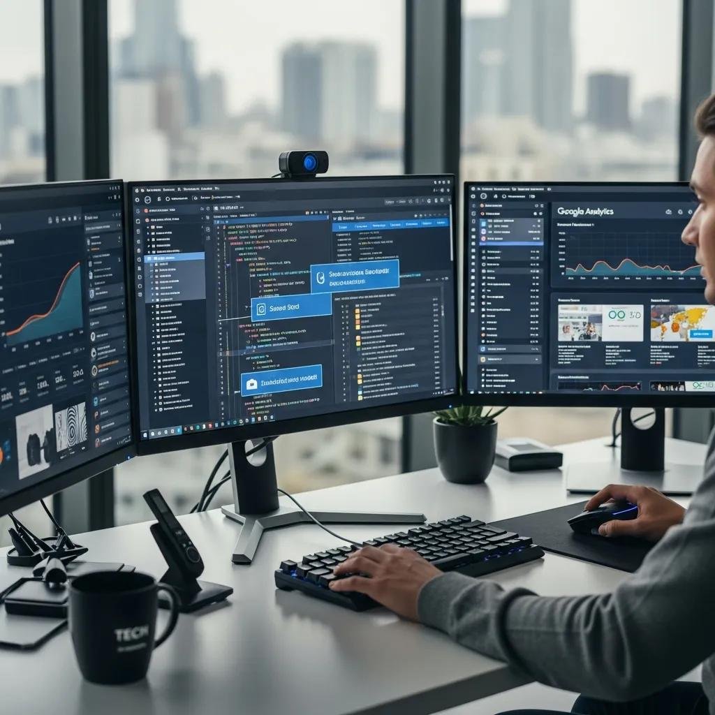 Web developer optimizing website performance with multiple screens showing metrics