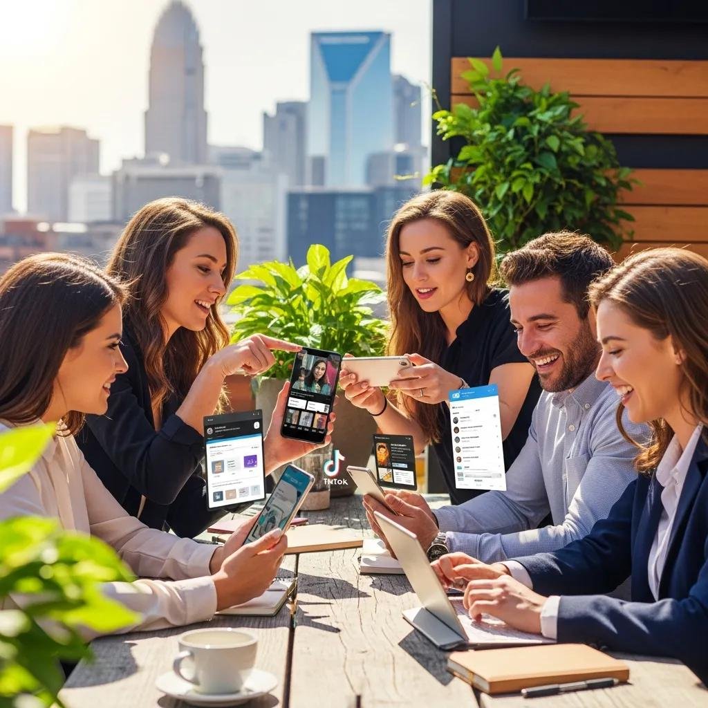 Young professionals engaging with social media in a vibrant outdoor setting in Charlotte